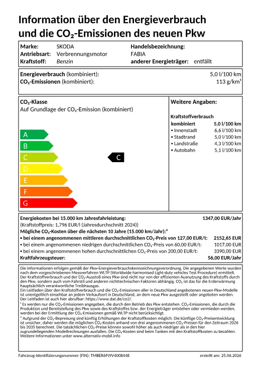 Offizielles EU-Energielabel nach Pkw-EnVKV: ŠKODA Fabia