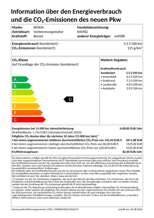 Offizielles EU-Energielabel nach Pkw-EnVKV: ŠKODA Kamiq
