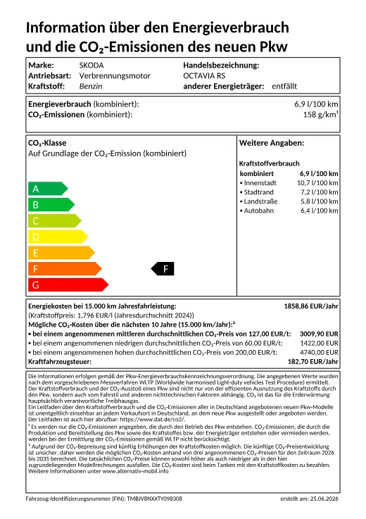 Offizielles EU-Energielabel nach Pkw-EnVKV: ŠKODA Octavia