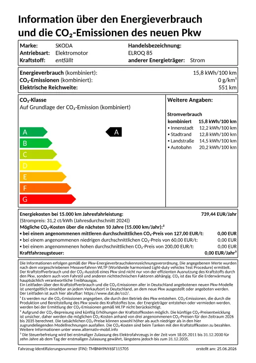 Offizielles EU-Energielabel nach Pkw-EnVKV: ŠKODA Elroq