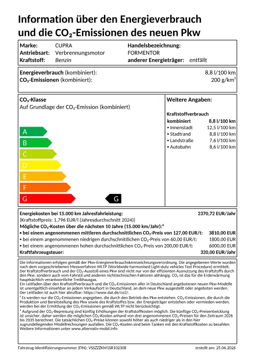 Offizielles EU-Energielabel nach Pkw-EnVKV: CUPRA Formentor