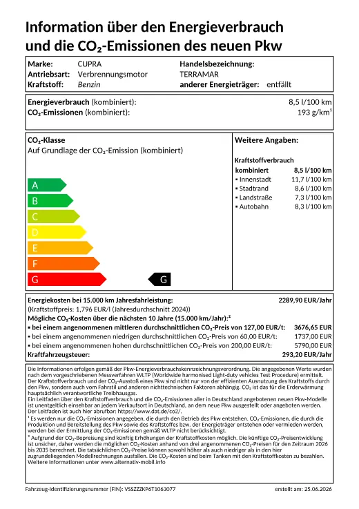 Offizielles EU-Energielabel nach Pkw-EnVKV: CUPRA Terramar