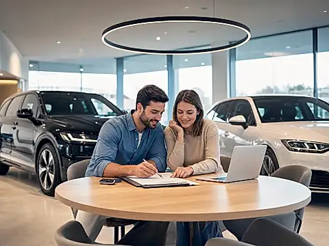 Auto finanzieren: Paar unterschreibt den Finanzierungsvertrag beim Autohändler