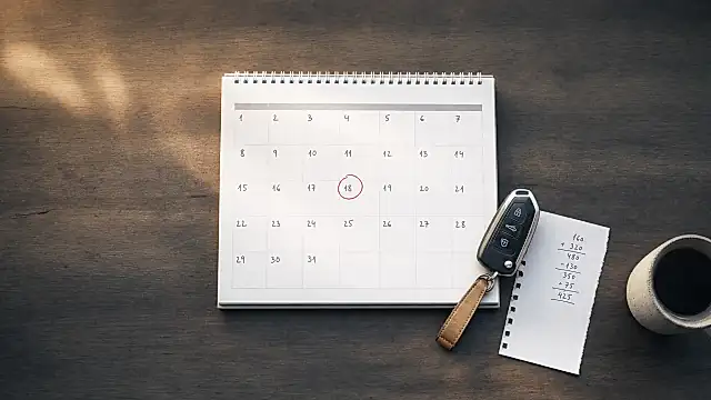Autokredit-Zinsen 2026: Kalender mit markiertem Datum, Autoschlüssel und Notizen zur Finanzierung