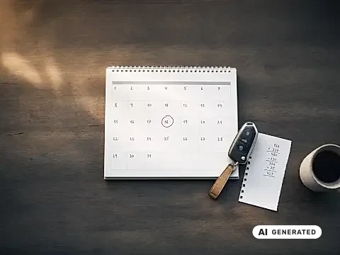 Autokredit-Zinsen 2026: Kalender mit markiertem Datum, Autoschlüssel und Notizen zur Finanzierung