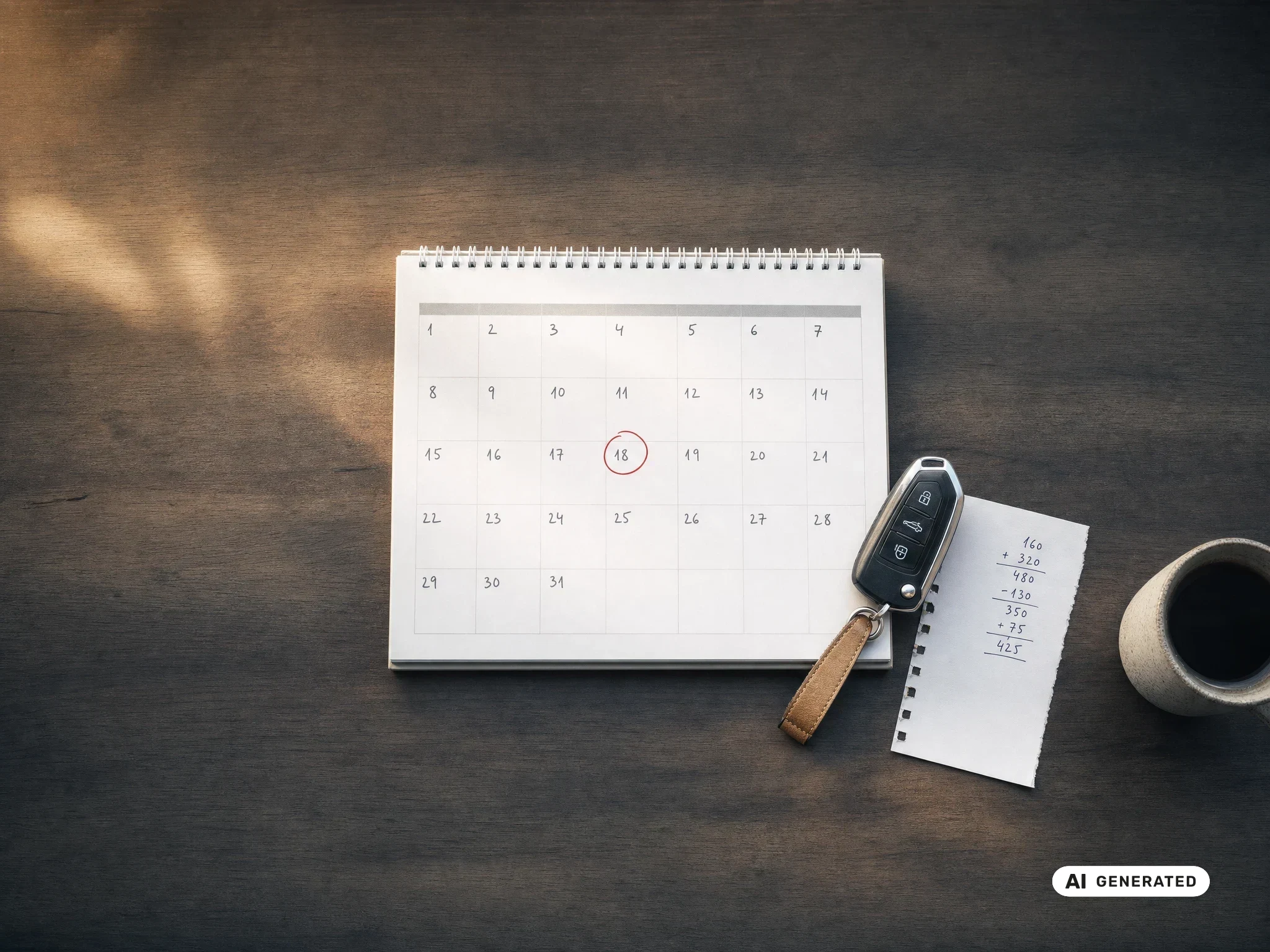 Autokredit-Zinsen 2026: Kalender mit markiertem Datum, Autoschlüssel und Notizen zur Finanzierung