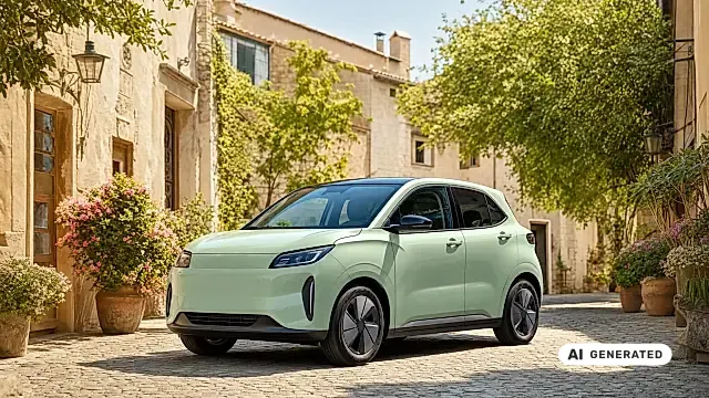BYD Dolphin Surf 2026: pastellgrüner Elektro-Kleinwagen schräg von vorn in einer sonnigen Altstadtgasse
