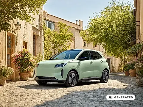 BYD Dolphin Surf 2026: pastellgrüner Elektro-Kleinwagen schräg von vorn in einer sonnigen Altstadtgasse