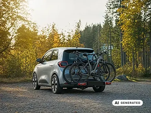 BYD Dolphin Surf Anhängerkupplung: silberner Kleinwagen mit Fahrradträger und zwei E-Bikes am Waldparkplatz