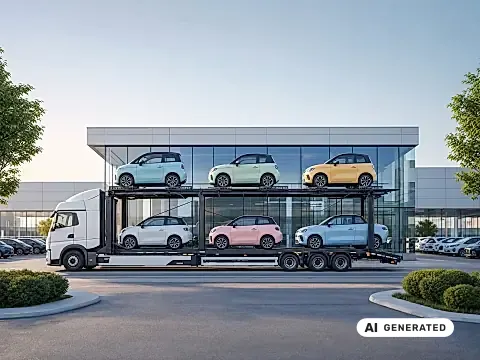 BYD Dolphin Surf Lieferzeit: Autotransporter mit sechs Kleinwagen in Pastellfarben vor einem gläsernen Autohaus