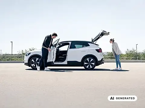 Zwei Interessenten prüfen Innenraum und Kofferraum, bevor sie einen BYD gebraucht kaufen