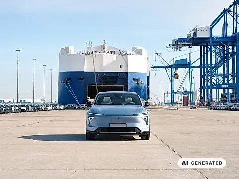 BYD Auto auf dem Hafengelände vor einem Autotransportschiff mit offener Ladeluke