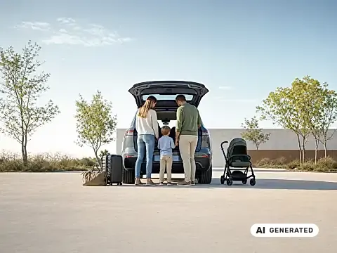 Familie mit Gepäck am offenen Kofferraum – so unterscheiden sich die BYD Modelle