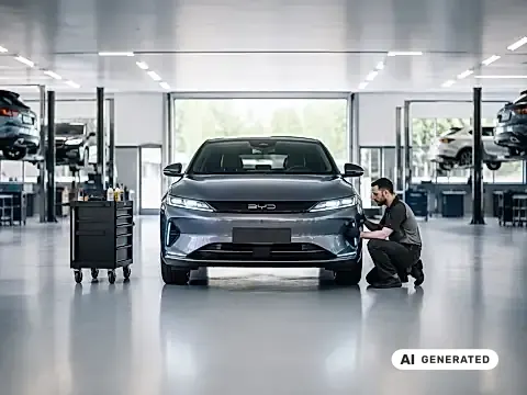 Techniker prüft ein Fahrzeug in einer hellen BYD Werkstatt, Hebebühnen im Hintergrund