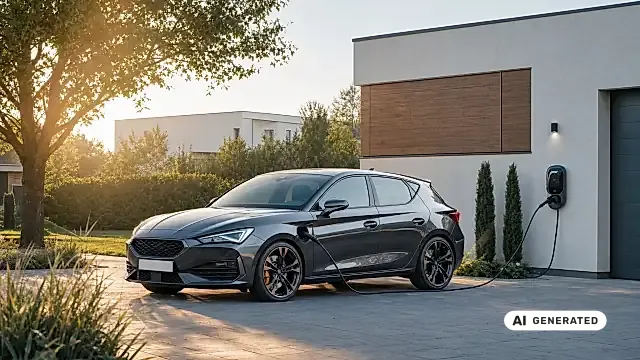 CUPRA Leon e-HYBRID lädt am Morgen an einer Wallbox vor einem Wohnhaus