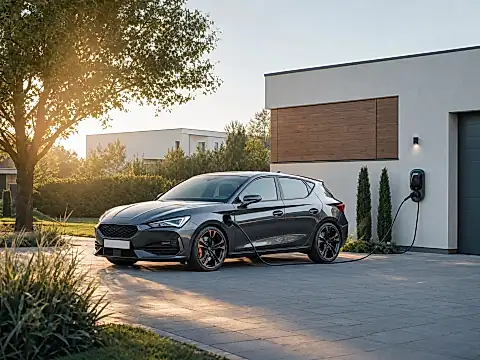 CUPRA Leon e-HYBRID lädt am Morgen an einer Wallbox vor einem Wohnhaus
