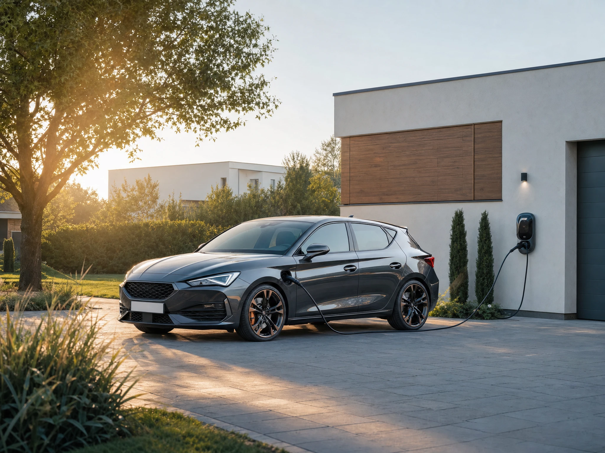 CUPRA Leon e-HYBRID lädt am Morgen an einer Wallbox vor einem Wohnhaus