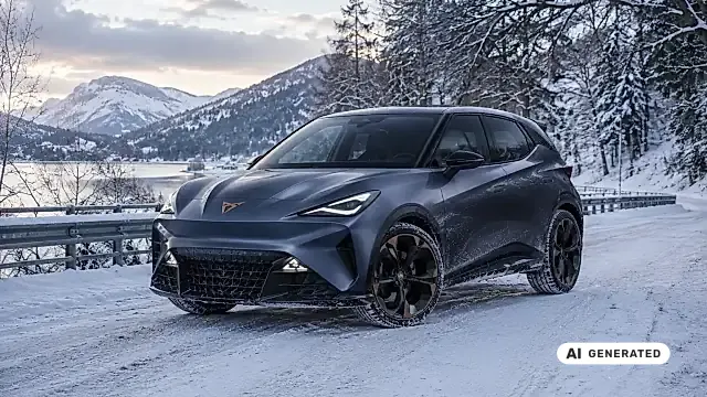 CUPRA Raval 2026 in Manganese Green Matt im Winter mit 18-Zoll-Original-DEFIER-Alufelge und Pirelli-Bereifung