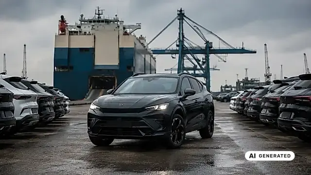CUPRA Tavascan Lieferstopp: Symbolbild mehrerer Fahrzeuge vor der Hafenanlage Bremerhaven 2026