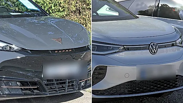 CUPRA Tavascan und VW ID.5 im Vergleich: links die graue CUPRA-Front, rechts die silberne VW-Front