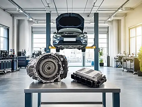 DSG-Reparatur und ihre Kosten: ausgebautes Doppelkupplungsgetriebe mit Steuerungseinheit in der Werkstatt