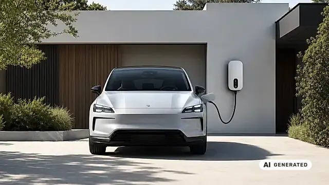 Elektroauto lädt an einer Wallbox vor einem Einfamilienhaus mit Photovoltaik-Anlage auf dem Dach