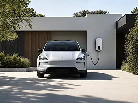 Elektroauto lädt an einer Wallbox vor einem Einfamilienhaus mit Photovoltaik-Anlage auf dem Dach