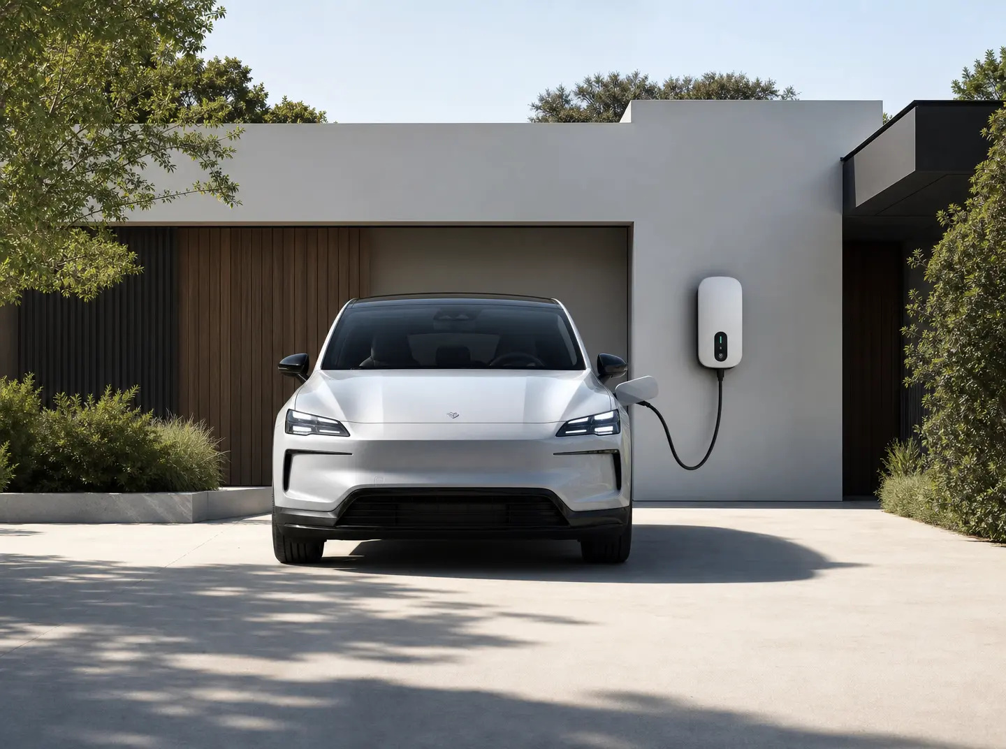 Elektroauto lädt an einer Wallbox vor einem Einfamilienhaus mit Photovoltaik-Anlage auf dem Dach