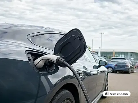 Elektroauto Versicherung Kosten: E-Auto und Taschenrechner mit Versicherungsunterlagen im Vergleich
