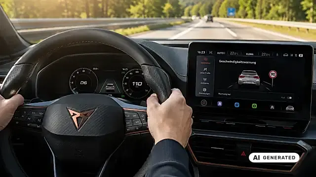 Geschwindigkeitsassistent ausschalten im Skoda-Cockpit: das Assistenz-Menü mit dem Tempowarner auf dem Display