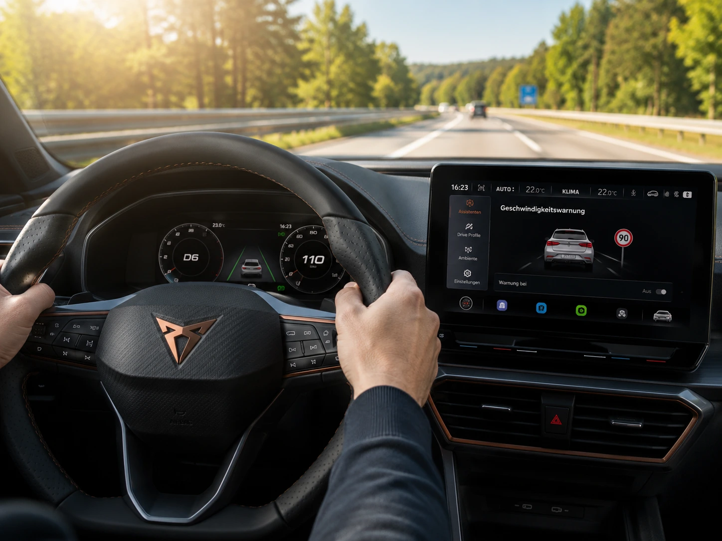 Geschwindigkeitsassistent ausschalten im Skoda-Cockpit: das Assistenz-Menü mit dem Tempowarner auf dem Display