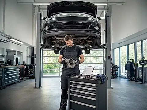 Monteur prüft ein Bauteil an einer Hebebühne, daneben ein Auftragsformular — Gewährleistung nach Reparatur am Auto