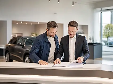 Kunde und Serviceberater vergleichen zwei Dokumente am Tresen — Thema Gewährleistung oder Garantie beim Auto