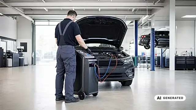 Klimaanlage kühlt nicht: Servicegerät prüft Druck und Kältemittelmenge in der Werkstatt