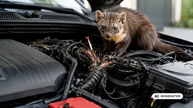 Marderschaden am Auto: angebissene Zündkabel und herausgezogenes Dämmmaterial im offenen Motorraum