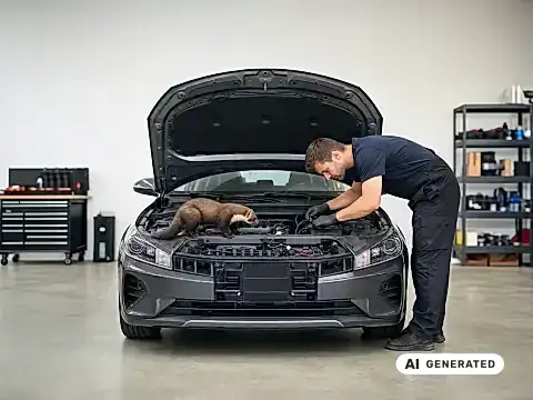 Marderschaden reparieren: Mechaniker prüft eine beschädigte Kabelleitung im Motorraum