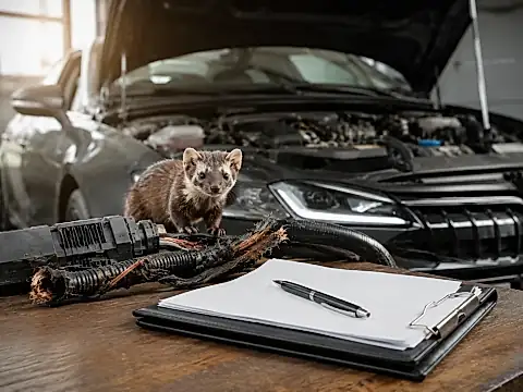 Marderschaden und Versicherung: angebissenes Kabel im Motorraum neben Versicherungsunterlagen