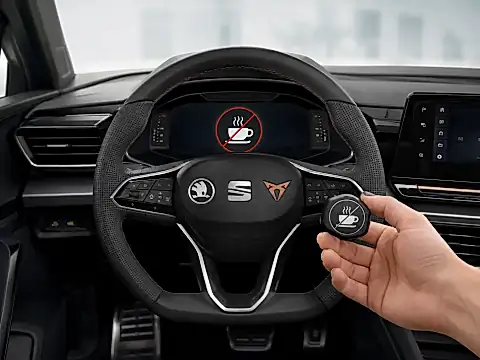 Müdigkeitswarner ausschalten im Skoda-Cockpit: die Kaffeetasse im Display und das Assistenz-Menü