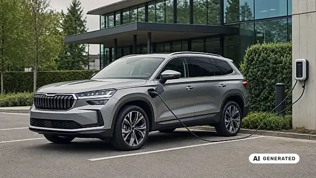 Ein Plug-in-Hybrid lädt an einer Wallbox auf einem Firmenparkplatz