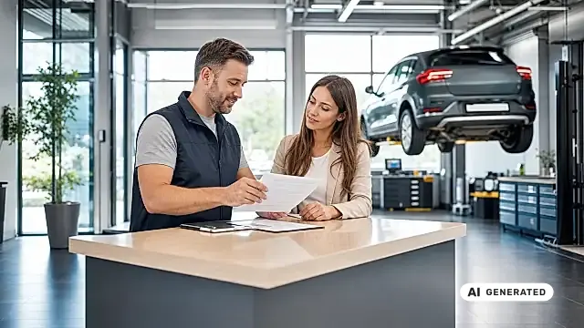 Werkstattmitarbeiter erklärt einer Kundin ein Fahrzeugdokument — Recht auf Reparatur 2026 beim Auto