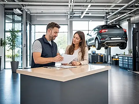 Werkstattmitarbeiter erklärt einer Kundin ein Fahrzeugdokument — Recht auf Reparatur 2026 beim Auto
