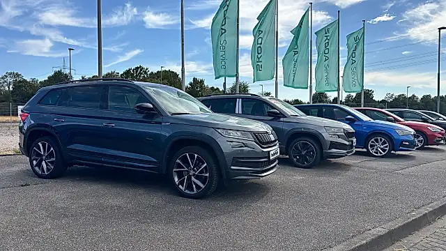 Škoda Aktion 2026: Kodiaq, Karoq und Scala nebeneinander auf dem Hof in Wiesloch