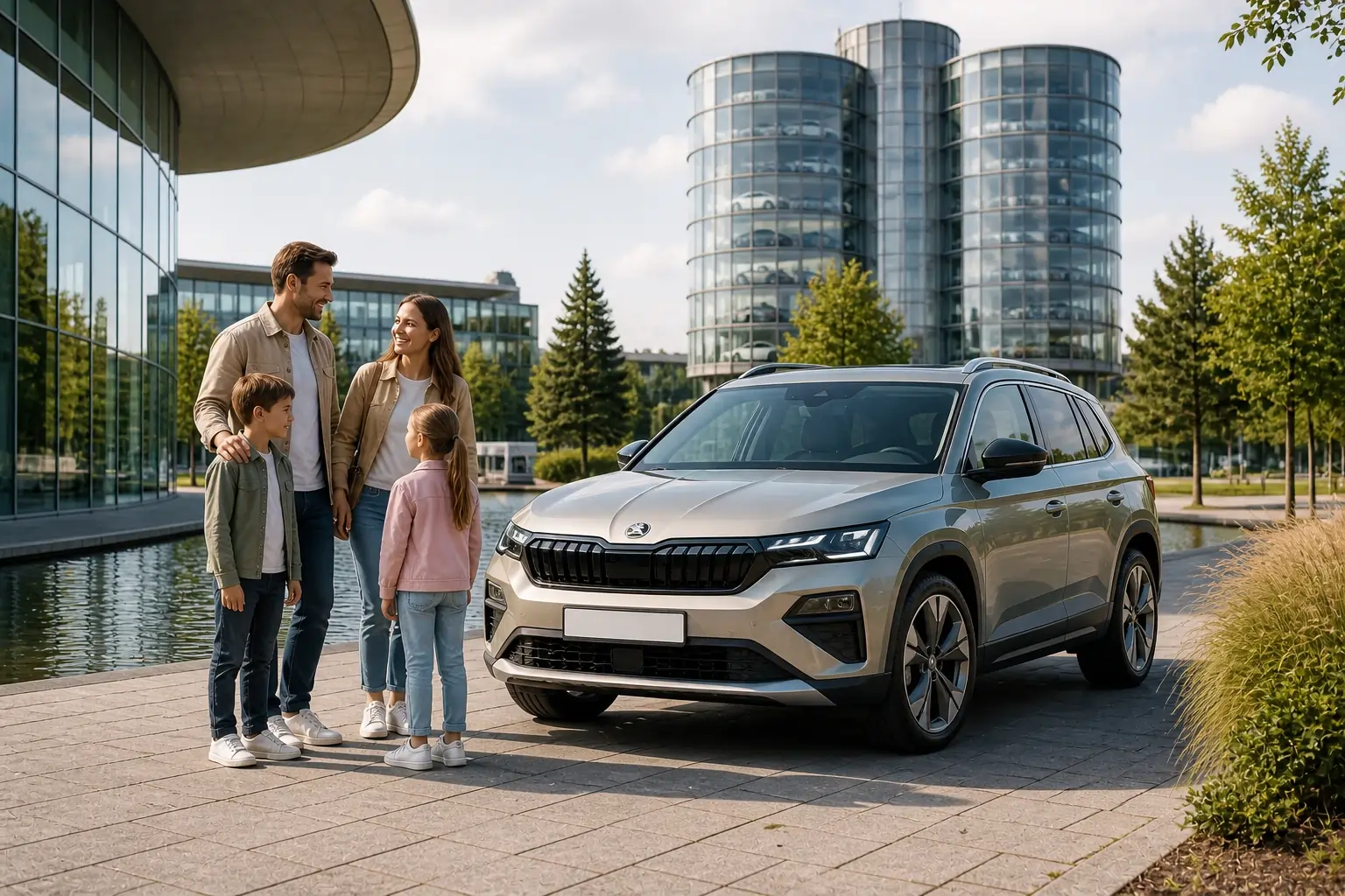 Familie holt neuen Skoda in der Autostadt Wolfsburg ab — Erlebnis-Tag mit Kindern, Skoda-Pavillon und MobiVersum im Erlebnis-Paket A1.