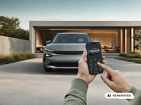 Škoda Connect Dienste: MyŠkoda App auf dem Smartphone vor dem Fahrzeugdisplay