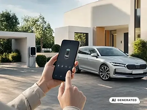 Škoda Connect einrichten: Smartphone mit MyŠkoda App neben dem Fahrzeugdisplay