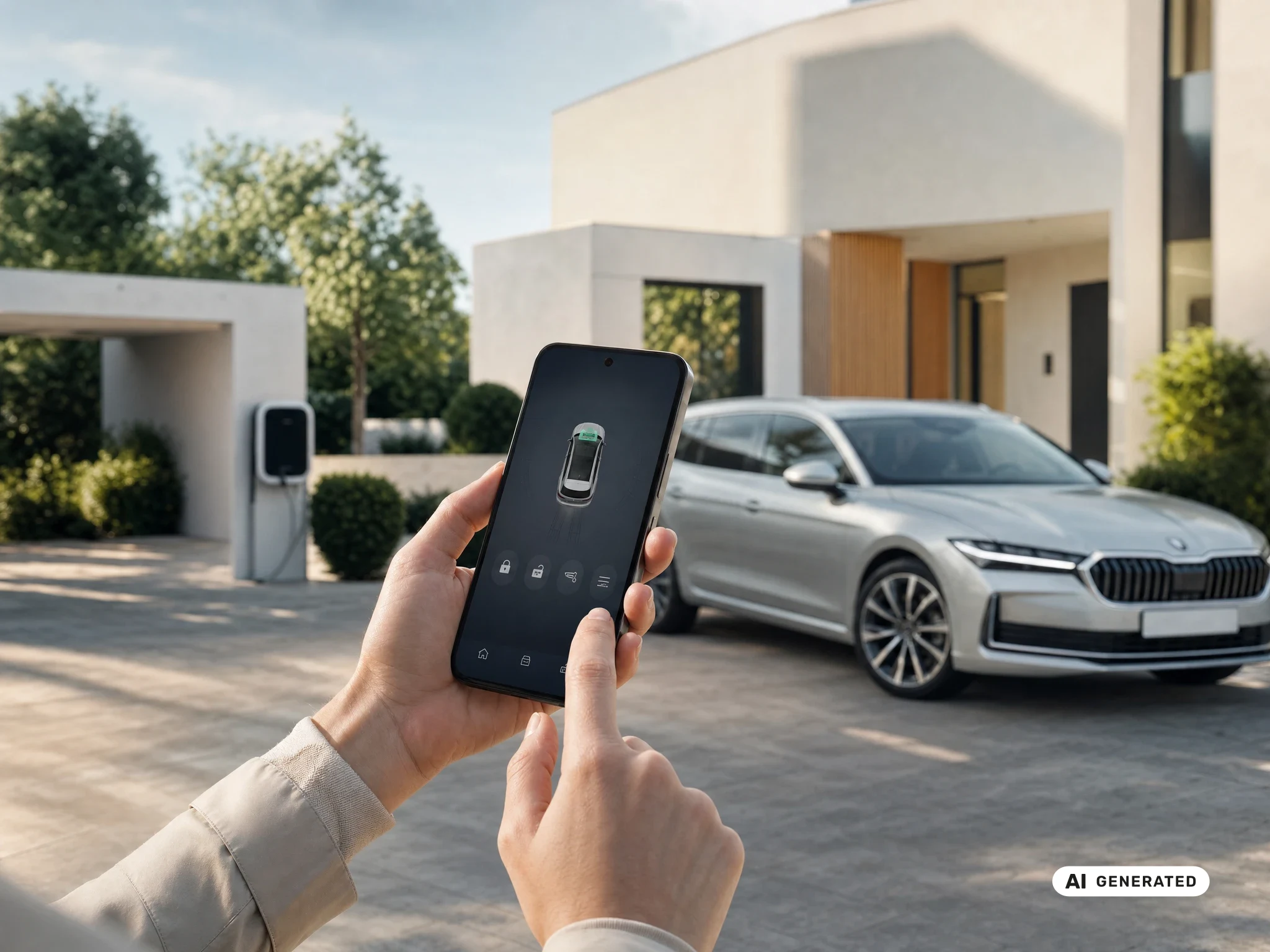 Škoda Connect einrichten: Smartphone mit MyŠkoda App neben dem Fahrzeugdisplay