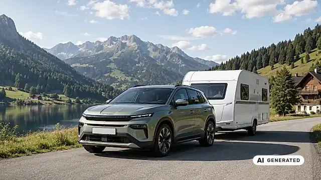 Skoda Elroq Modelljahr 2027 mit Wohnwagen am Haken — 1.800 Kilogramm gebremste Anhängelast beim 85er, 1.200 Kilogramm beim 60 LFP, Caravan-Praxis im Detail