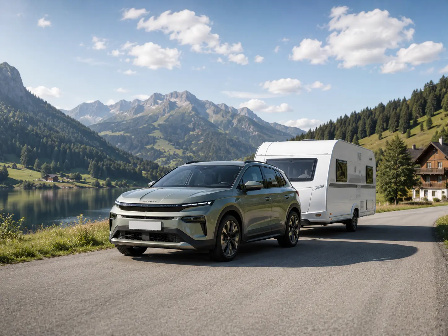 Skoda Elroq Modelljahr 2027 mit Wohnwagen am Haken — 1.800 Kilogramm gebremste Anhängelast beim 85er, 1.200 Kilogramm beim 60 LFP, Caravan-Praxis im Detail