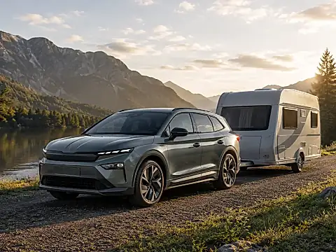 Skoda Enyaq 85 Modelljahr 2027 mit 2.000 Kilogramm Anhängelast — Caravan, Pferdetransport, Boots-Trailer im realen Zugbetrieb