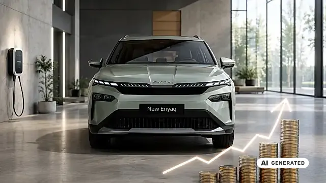 Skoda Enyaq Preisanpassung 2026: Enyaq im Schauraum, daneben steigende Münzstapel